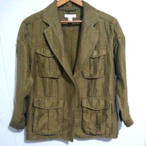 Women's H&M Jacket Linen Blend Utility Blazer Green Hidden Buttons No Belt 8